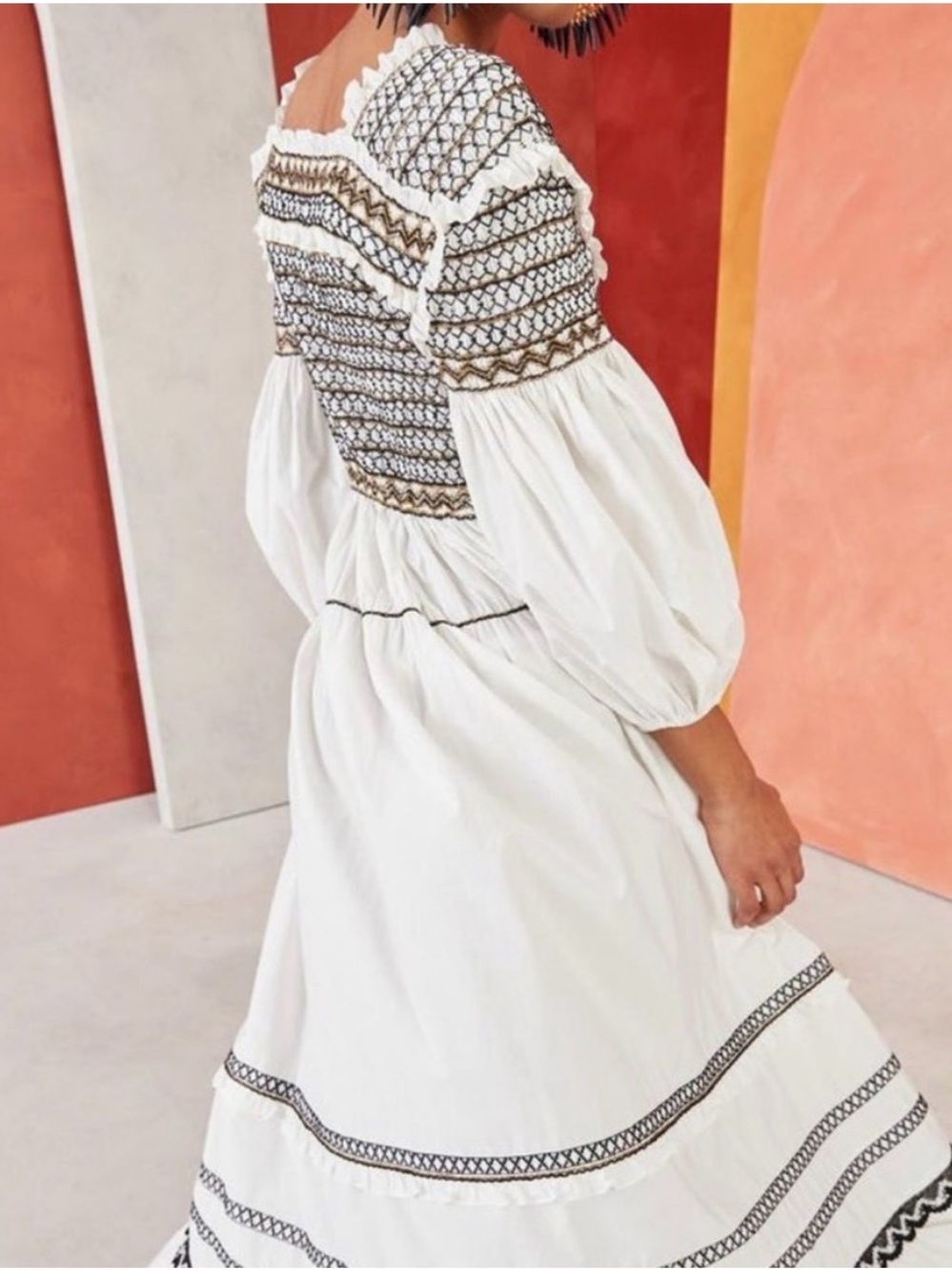 Ulla Johnson White Maxi Smocked Dress with Embroidered Detail Sz 2